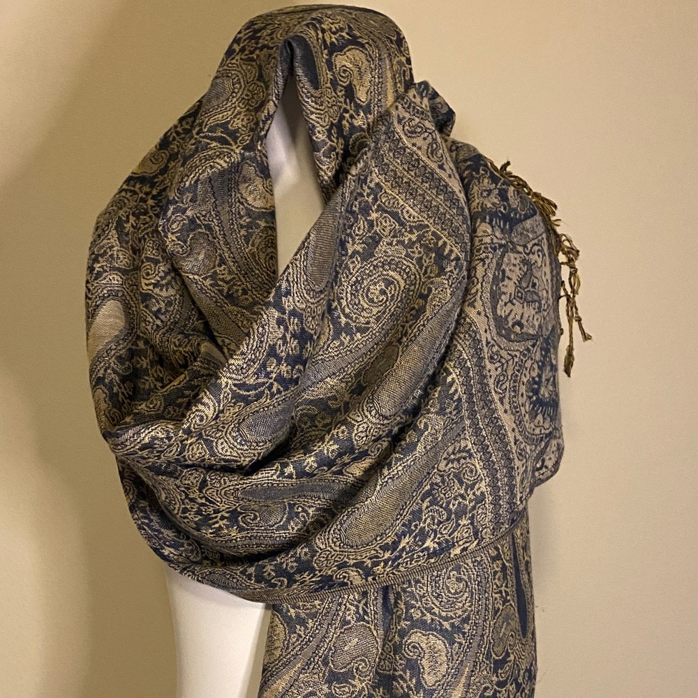 Intricate Paisley Scarf in Navy and Gold